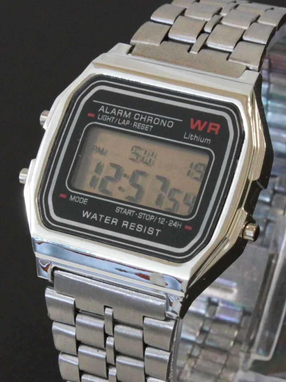 Retro Style Digital Watch Metal Case Bracelet Back light, Stopwatch, Day, Date